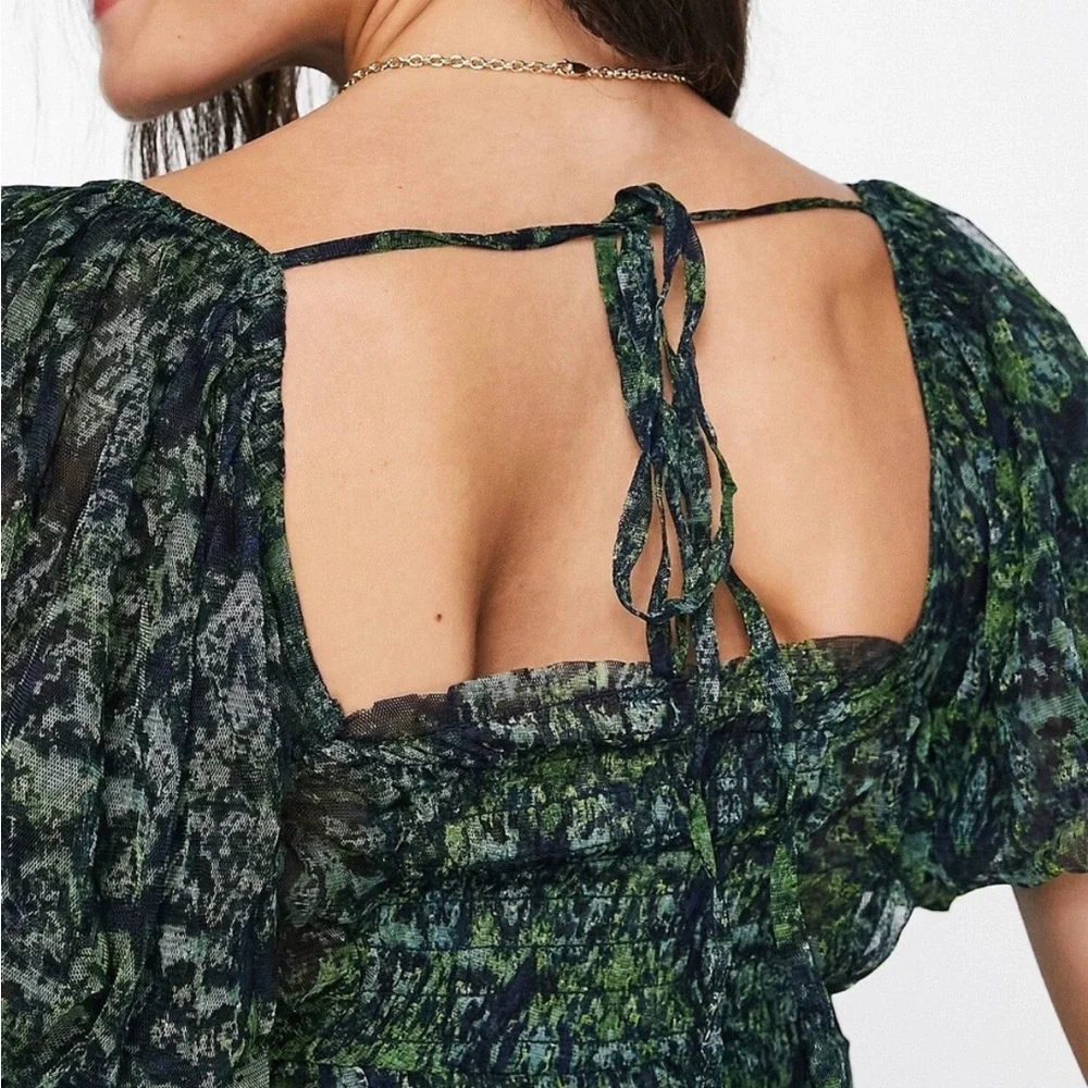 Free People Penelope BOHO Green Floral Square Neck Puff Sleeve Crop Top Shirt